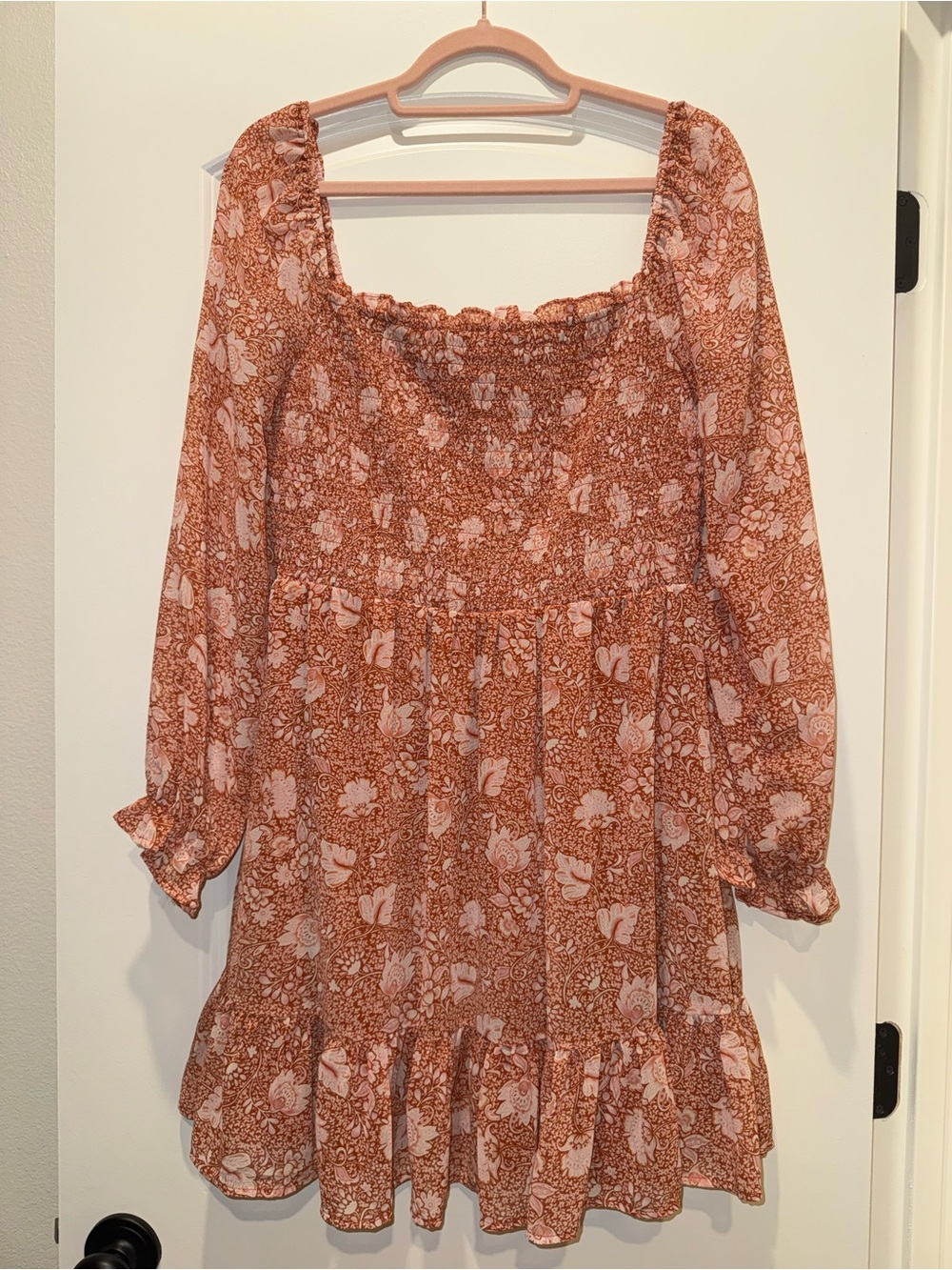 Rust and Cream Floral Long Sleeve Smocked Dress